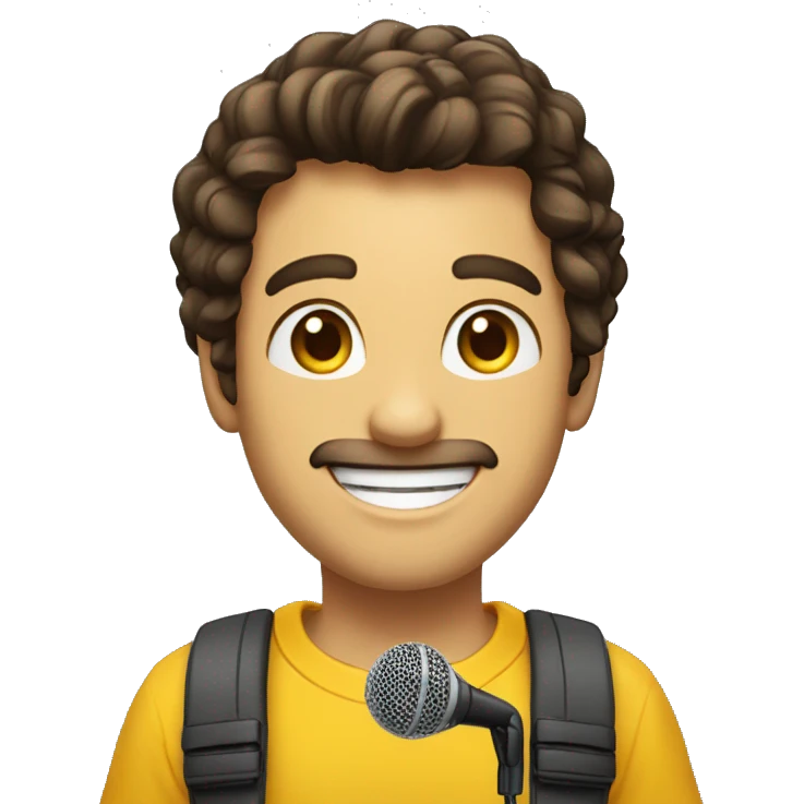 I want a brunette emoji with a microphone in his hand and with a yellow shirt and a happy look and smile emoji