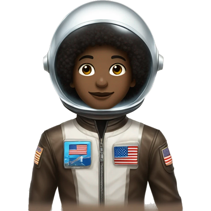 13 year old boy named Tevin Walker: Brown Skin, Dark Brown Eyes, Black Michael Jackson Afro, Wearing a space suit and round crystal clear space helmet emoji