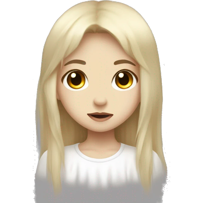 a ghost girl looking like an angel, pale with long dark blonde hair, honey-colored eyes and a black jirai kei shirt, she has side bangs emoji