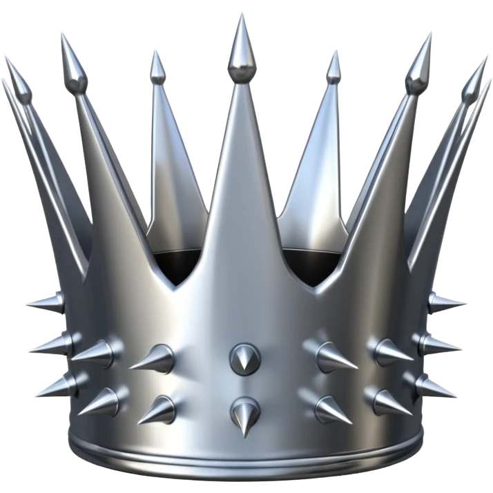 A spiked crown emoji made of silver chrome, sharp yet rounded metallic ...