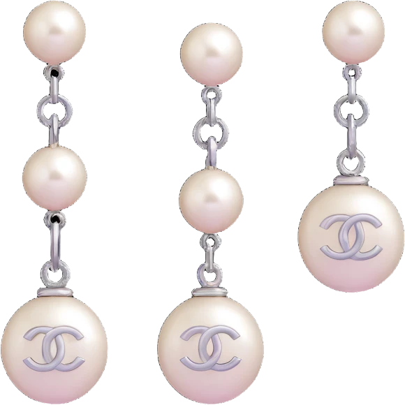 3D emoji-style pearl drop earrings with a small silver Chanel logo charm, elegant emoji