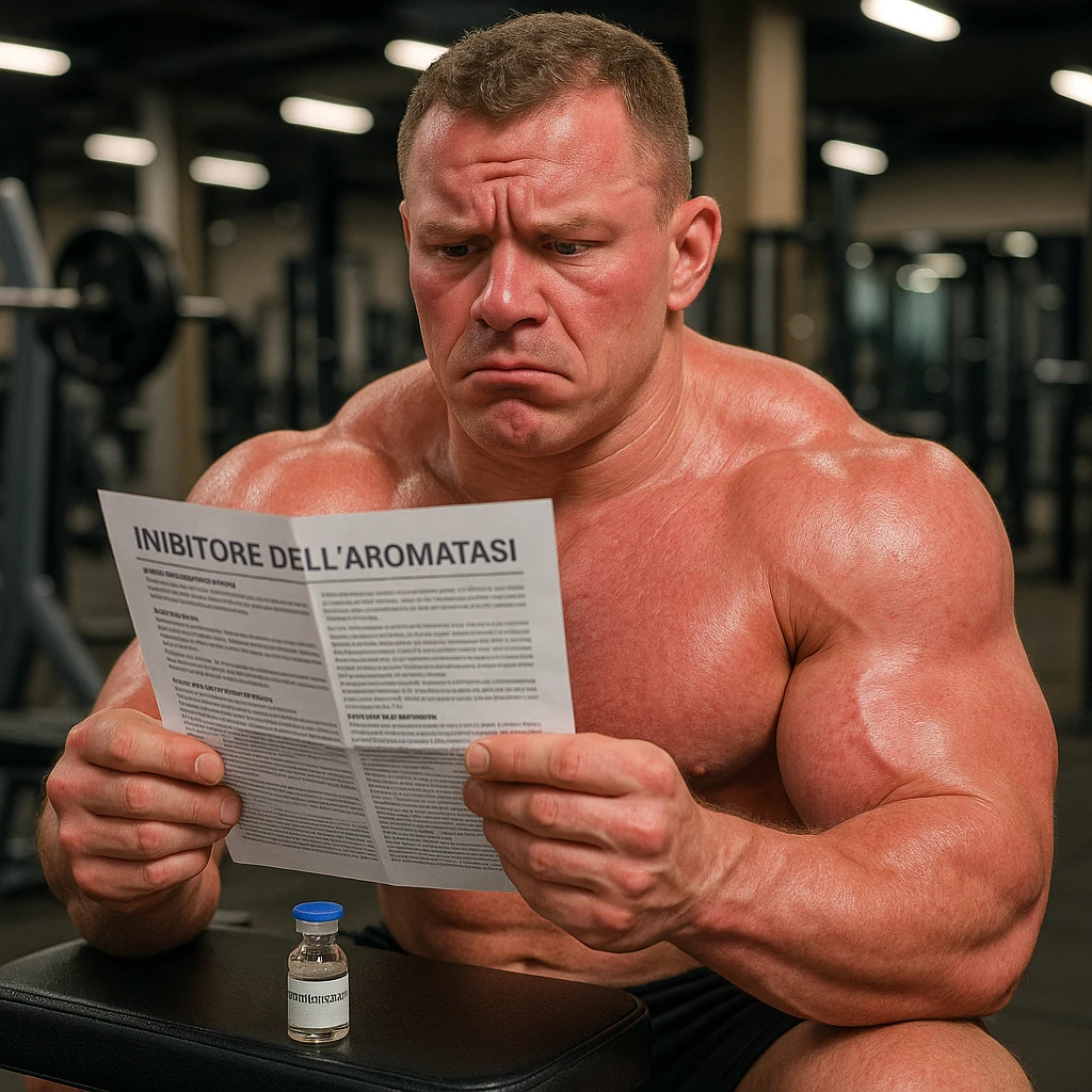 beginner bodybuilder reading Italian leaflet of aromatase inhibitor, vial labeled 'Testosterone' nearby, swollen muscles but red skin, doubtful atmosphere, gym background, 4K quality emoji