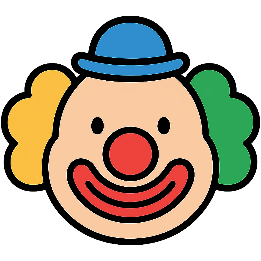 Clown face with red nose, colorful hair, and painted smile emoji