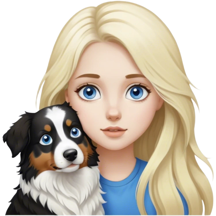 pale girl with blue eyes and long blonde hair and black white Australian shepherd. emoji