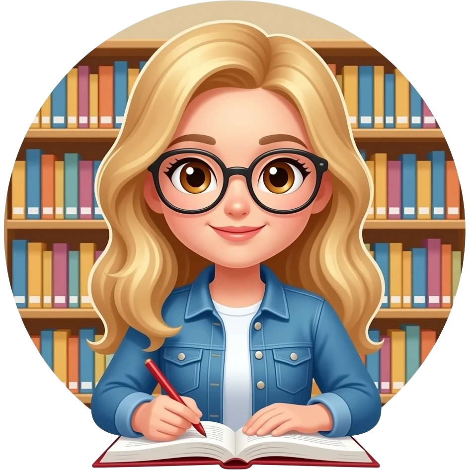 chica rubia con gafas de ojos marron estudiando, de fondo en la biblioteca emoji