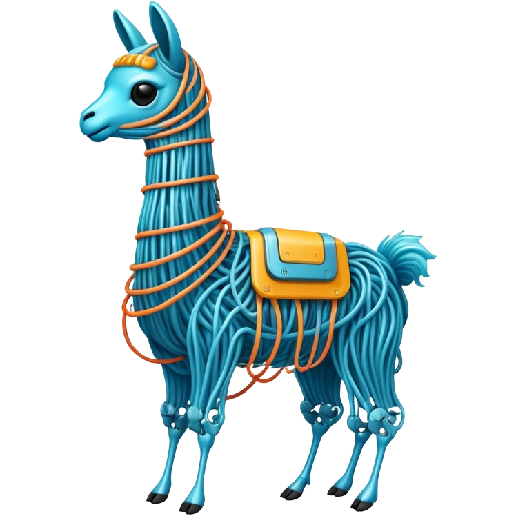 A high-tech llama made of electric wires and cables with rubber scales that reveal its electric skeleton, possessing both jellyfish-like tendrils and the ability to generate electrical pulses that illuminate the ocean depths. emoji