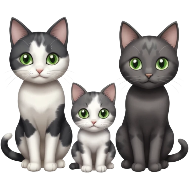 3 different coloured small cats including a dark grey and white, and a patchy calico and a completely solid dark grey with green eyes and only white paws emoji