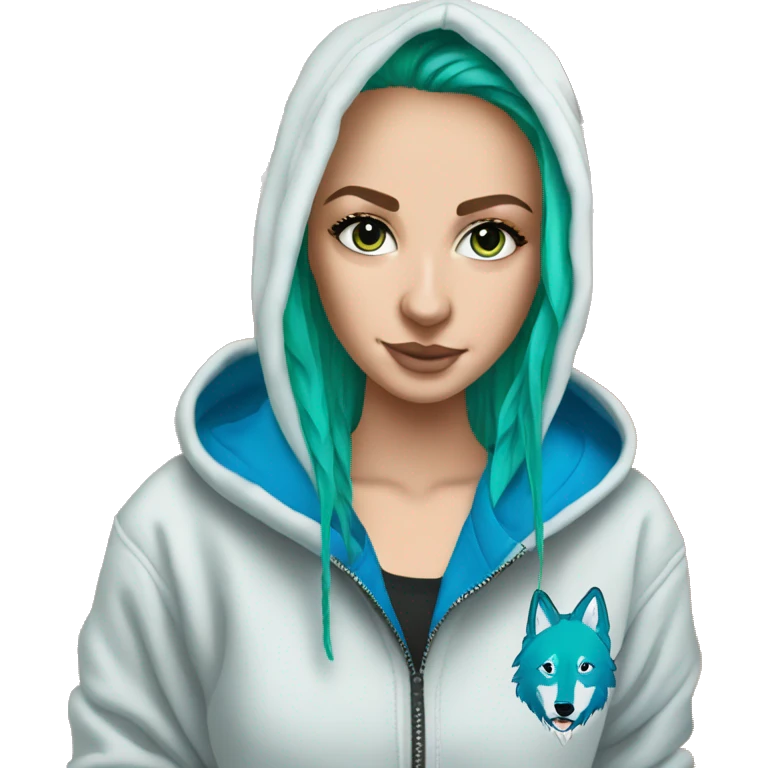 white girl with long bright blue wolf cut hair wearing green zip up nike hoodie emoji