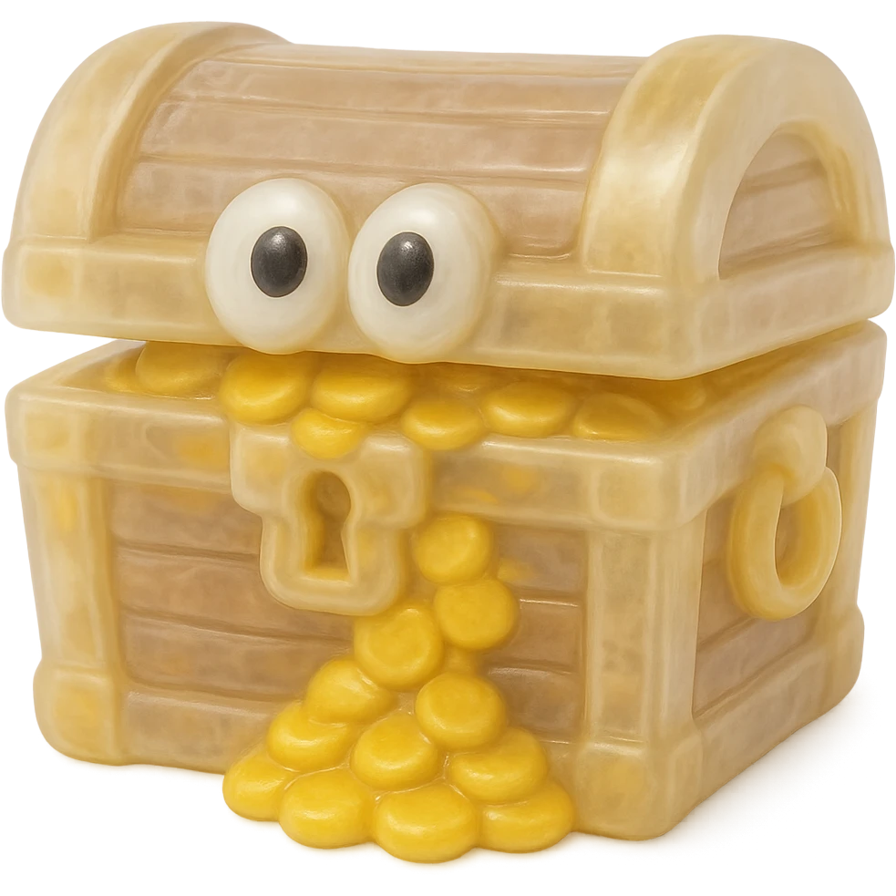 Make the treasure chest even more transparent and slightly see-through, keeping the natural wood and gold colors, in a retro 90's toy style with derpy eyes, soft plastic texture, soft reflections, soft and squishy appearance, some cloudiness, not shiny, highly detailed and appealing. Remove any tags and background. emoji