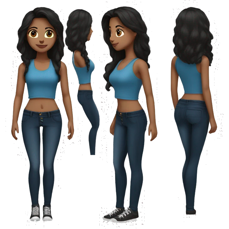 Medium size girl Indian skin tone fair long dark brown hair in blue tank top and black high waist skinny jeans emoji