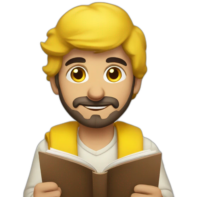 Armenian men with the yellow clothes reading book and looking at camera and smiling  emoji