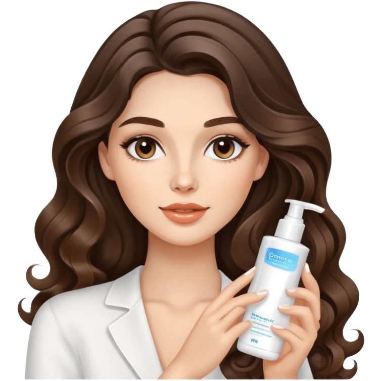 beautiful brunette with a light balayage white girl with nice curls/defined waves, very long hair, clean girl makeup APPLYING A FACE CREAM FOR SKINCARE emoji