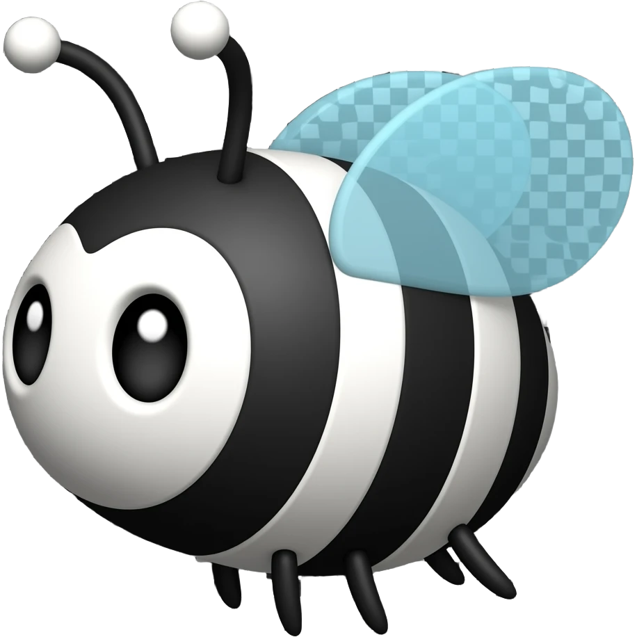 3D cartoon bee emoji, rounded chubby body, black and white stripes, blank empty stare, looking sideways with dumb expression, light blue transparent wings, black antennae with white round tips, smooth shiny surface, black background emoji