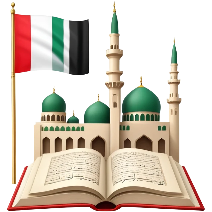 An icon featuring the mosque and the big flag of United Arab Emirates, symbolizing the Arabic language. The design includes an open book with Arabic script and calligraphy, representing language learning and cultural heritage. Transparent background emoji