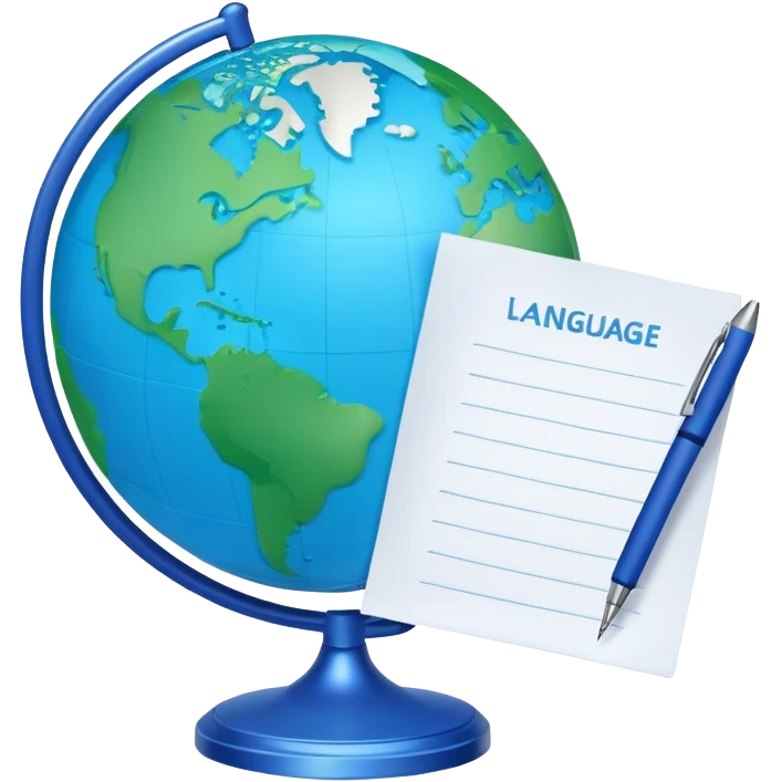 Create an emoji representing language translation. The design should feature a globe in the background, symbolizing international communication. In front of the globe, place two books or sheets of paper with texs on them and a pen nearby to indicate the act of writing. Use a clean and professional color palette with blues, greens, and neutral tones. Make the background transparent. emoji