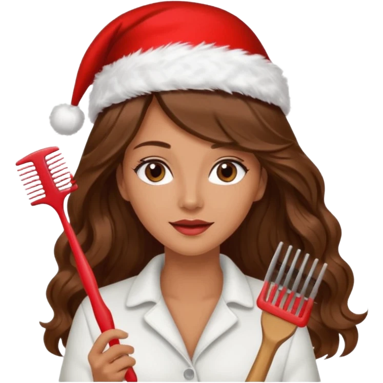 mujer peinandose en la peluqueria y con un gorro de navidad, cabello largo café y ondulado emoji