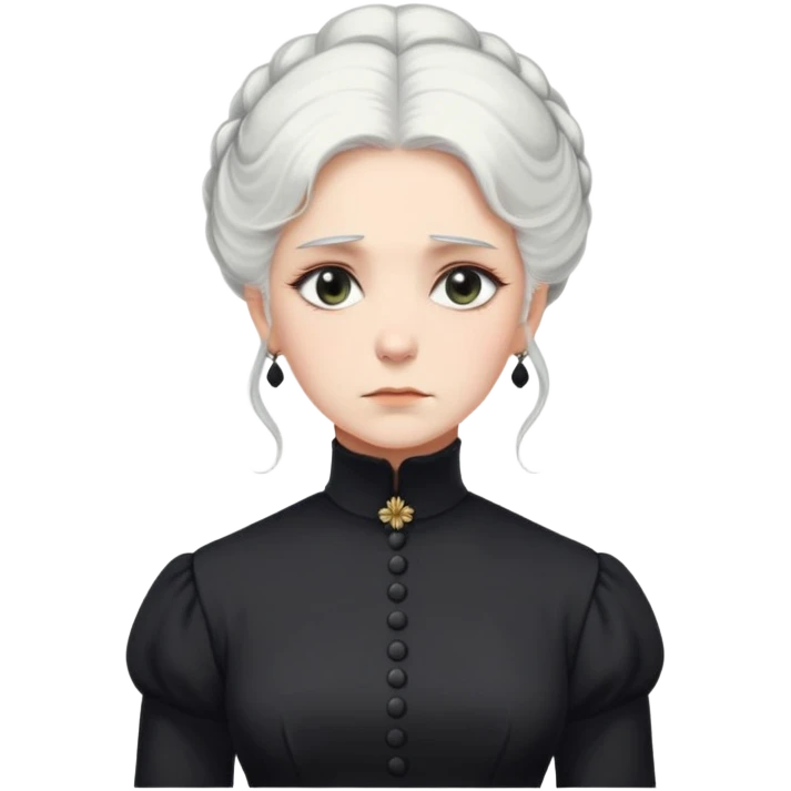 A Victorian woman with elegant coiffed white hair and light eyes wearing a modest black turtleneck mourning dress looking down with a forlorn expression emoji