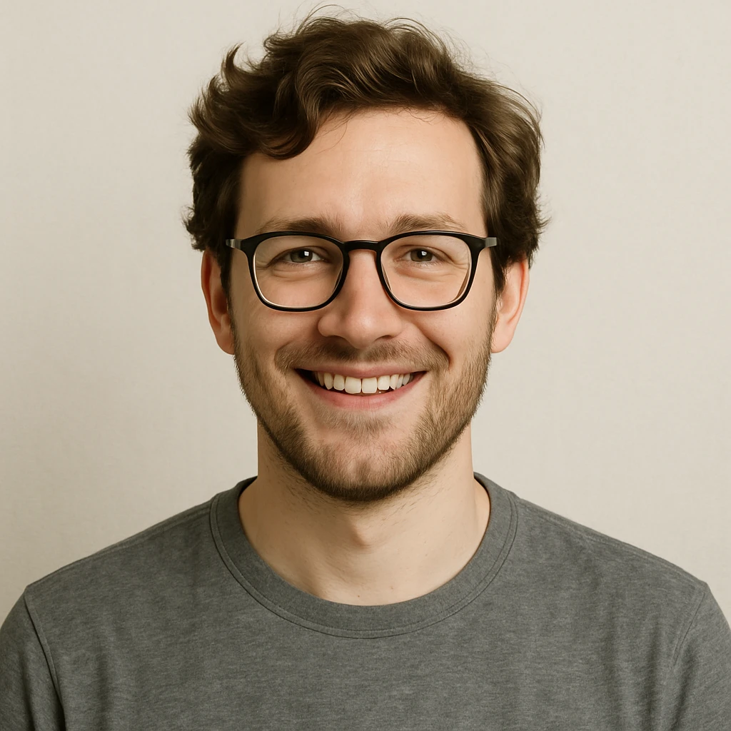 white male with glasses and brown wavy hair, smiling, simple background emoji