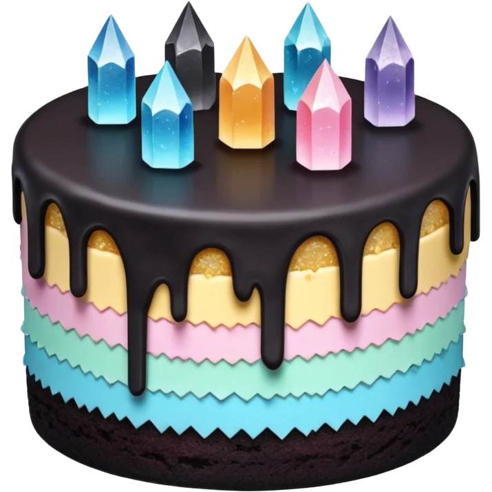 Three layer black cake adorned with overflowing raw pastel crystals  emoji