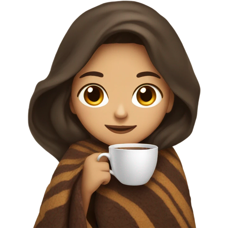 Hispanic Girl with long brunette wrapped in blanket sipping coffee emoji