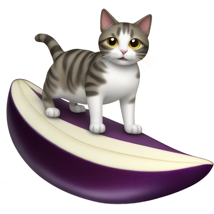 Cat surfing on an eggplant emoji