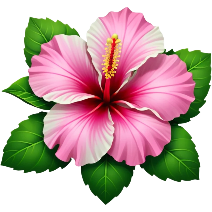 Rare tropical vivid colorshifting pink, to red to white oversized single Hibiscus flower, hyper realistic. Must have lush green leaves. Clean thin lines, smooth appearance, no emoji icons, no background, isolated, rendering. emoji