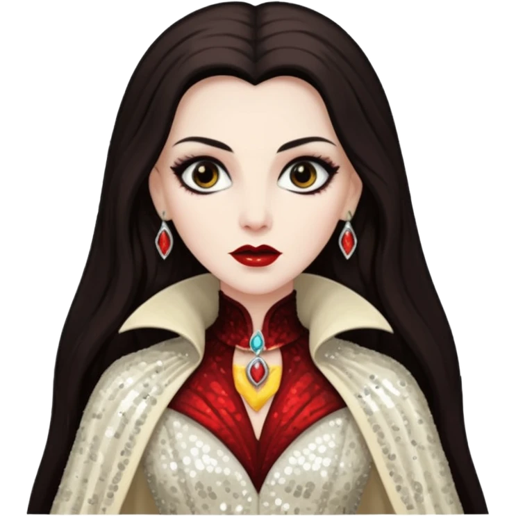 Countess Dracula with long dark brown hair, ivory sequin outfit  emoji