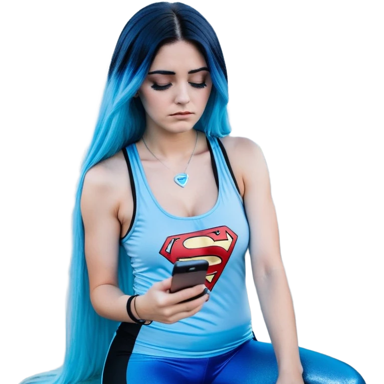 Shameful disappointed crying-very very very very big chest-texting on a samsung cell phone-very long straight flowing black to sky blue hair ombre-blue eyes-black eyeliner-long eyelashes-plastic sparkling sky blue very low cut tank top with sparkling superman logo-black leggings-nike sneakers emoji