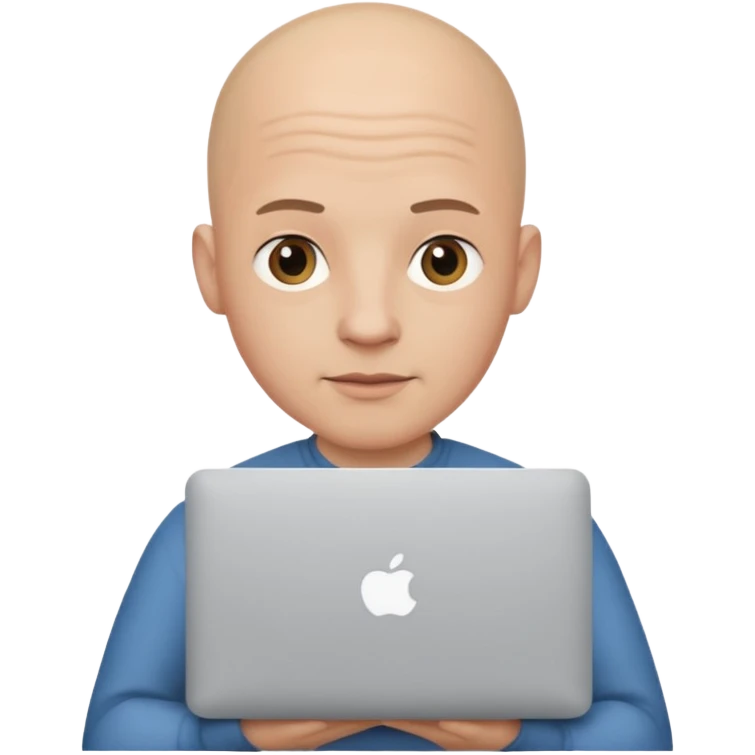 bald yong guy with macbook  no wringle on face emoji
