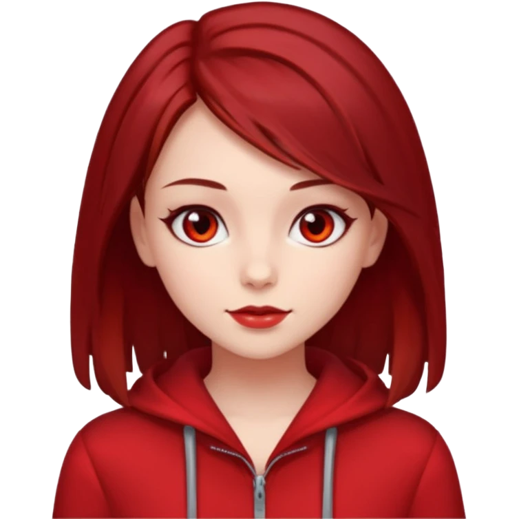 beautiful girl with dark red medium hair, red eyes and red clothes emoji