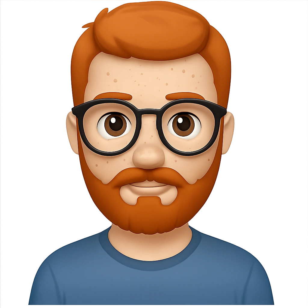 Add glasses to the freckled man with beard in emoji style, no background. emoji