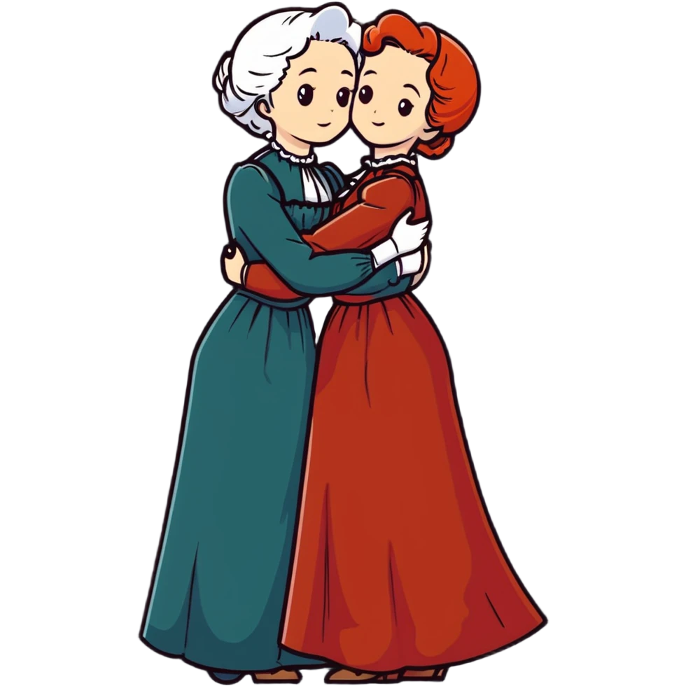 Two modest Victorian women hugging, one with white hair and one with copper red hair, wearing long Victorian dresses emoji