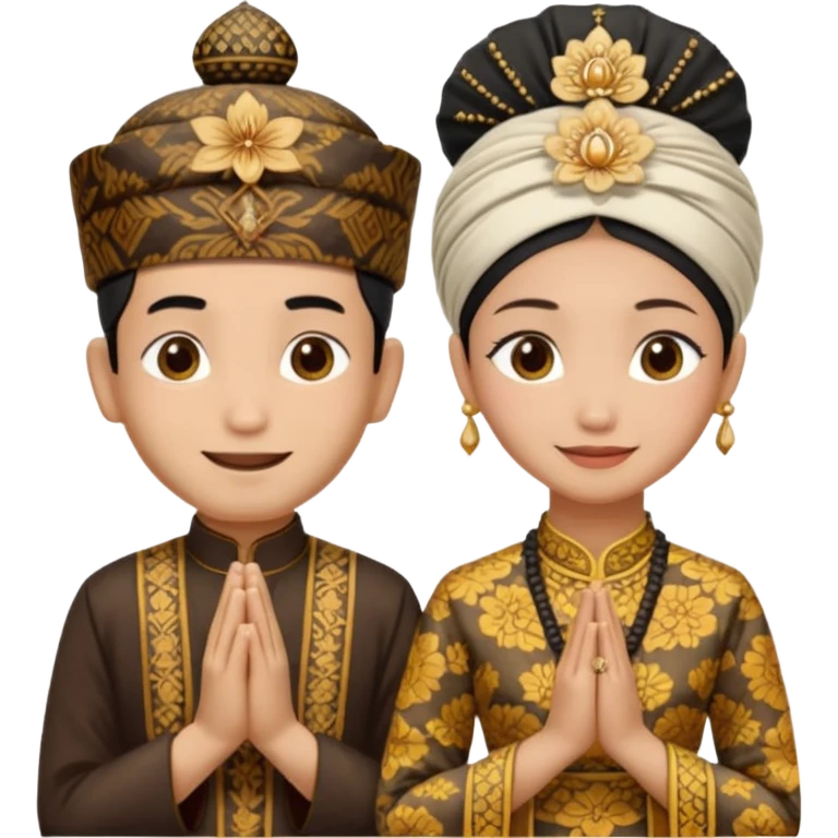 javanese person with shy smile (male) with batik blangkon hat and prayer hand, and also a javanese bride with sanggul or javanese classic updo and a shy smile emoji