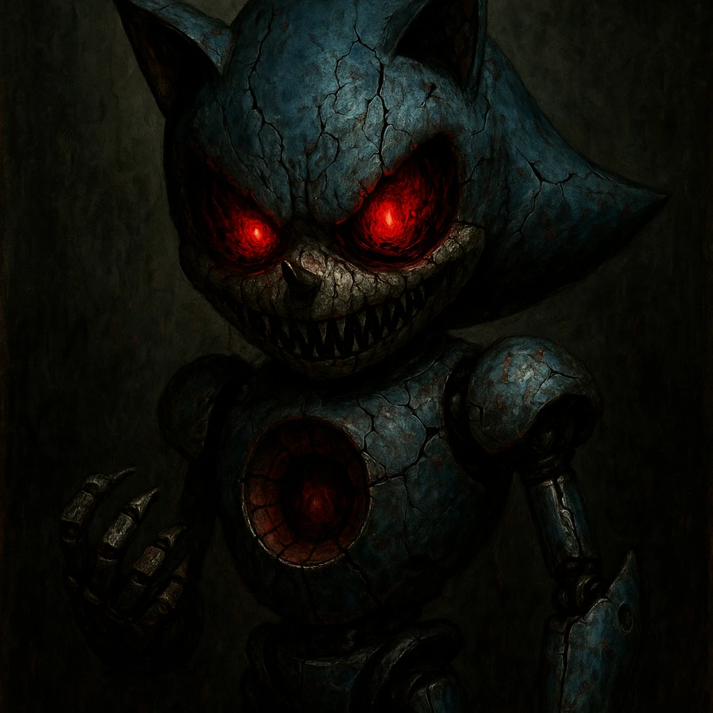 scary Metal Sonic.exe character, horror style, cracked metal face, sinister glowing eyes, menacing look, normal background emoji