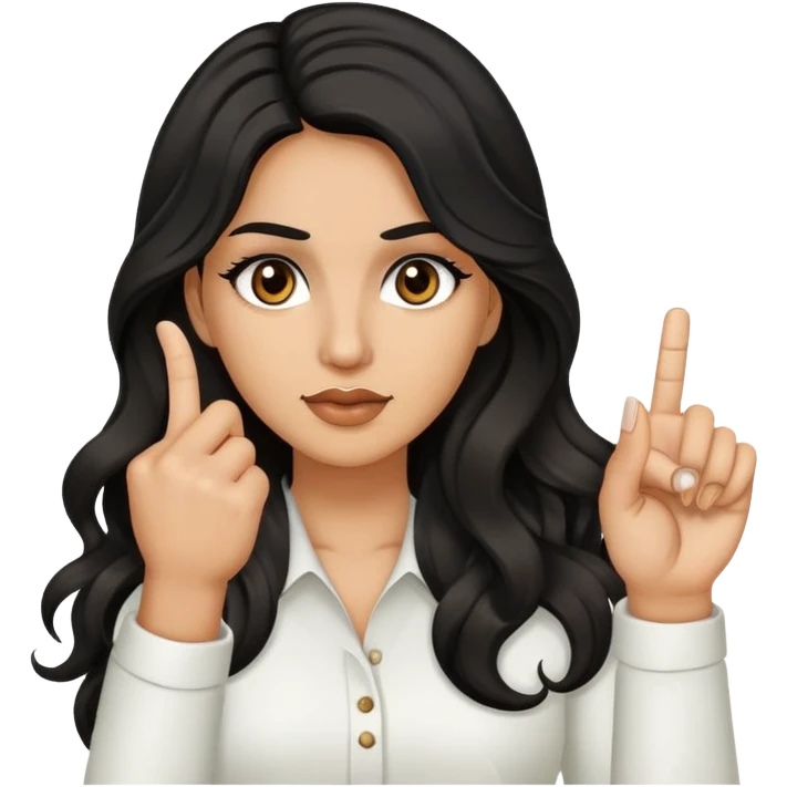 woman with olive skin, brown eyes and long lashes, and long black wavy hair showing her one middle finger emoji