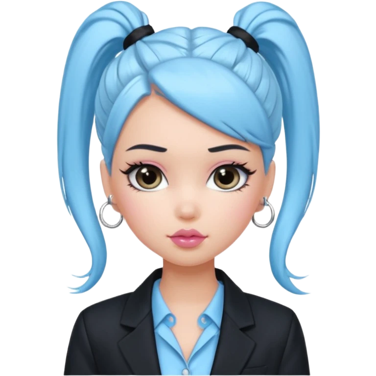 generate a pretty bratz girl wearing a light blue full sleeve shirt and a black blazer over it. silver small hoops, pink lipgloss. black hair tied up in a ponytail emoji