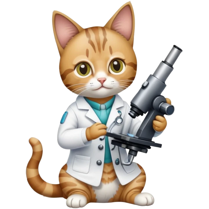 cat full body sitting with a microscope and scientist outfit emoji