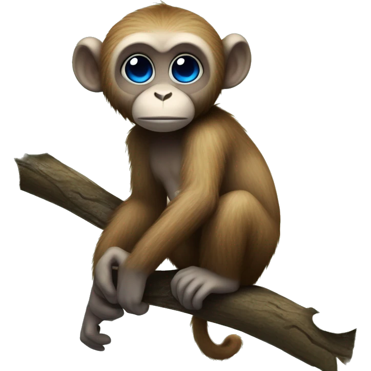 A cute tiny kawaii monkey with blue face and fluffy brown fur and big black eyes sitting on a branch with a long tail hanging down emoji