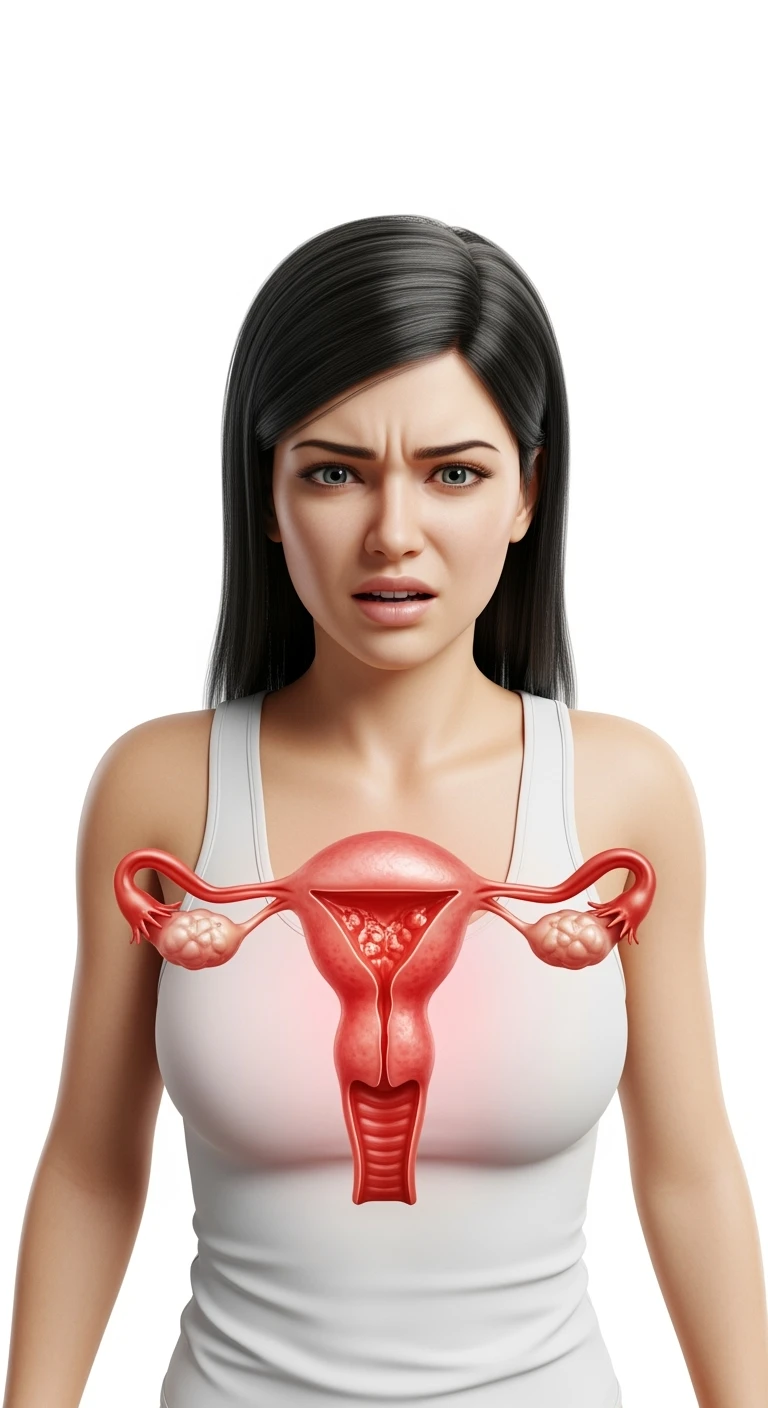 donna con utero umano realistico in evidenza dolorante, espressione di dolore in volto, sfondo bianco emoji