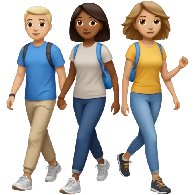 iOS emoji style - a men and 2 women in casual clothes and wearing trainers - friends walking quickly together

 emoji