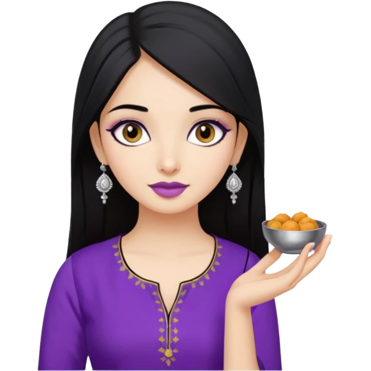 a pretty bratz girl with straight black hair, wearing a purple kurti, silver jhumkas, eyeliner, carrying momos emoji