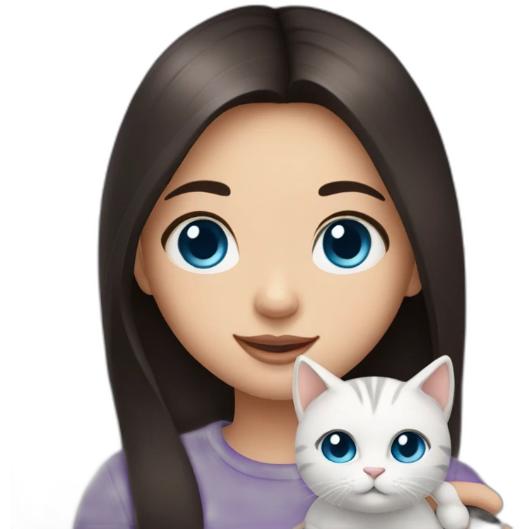 Cute girl with straight dark hair and blue eyes and hold a little cat emoji
