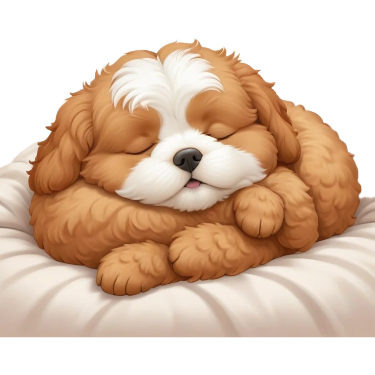 Cinematic Meme-Worthy Chubby Sleeping Cavoodle Portrait Emoji, Head resting peacefully with a contented smile, showcasing a delightfully chubby build and a luxuriously soft, curly apricot coat with gentle white accents, eyes shut in a serene nap, Simplified yet hilariously adorable features, highly detailed, glowing with a soft, drowsy light, high shine, relaxed and utterly lovable, stylized with an air of playful laziness, bright and heartwarming, soft glowing outline, capturing the essence of a comically sleepy Cavoodle, so meme-worthy it feels like it could instantly become the next viral sensation of adorable slumber! emoji