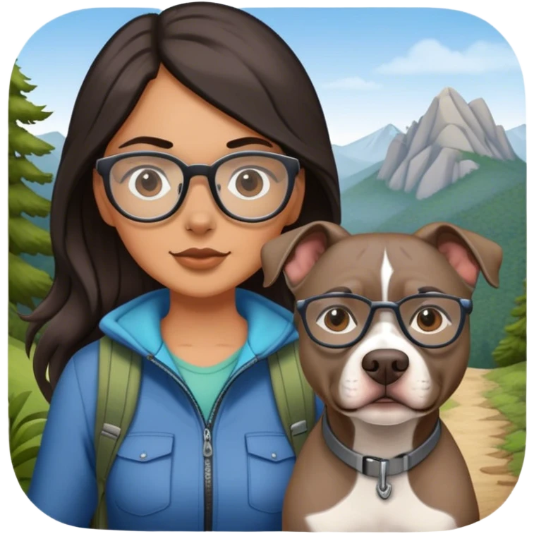 Girl with long dark hair and glasses hiking with grey pitbull emoji