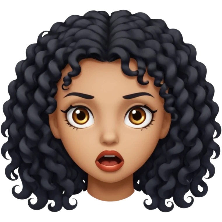 girl with long black curls and brown eyes, brown skin, eyelashes, siren eyes, make her mouth open and mad expression emoji
