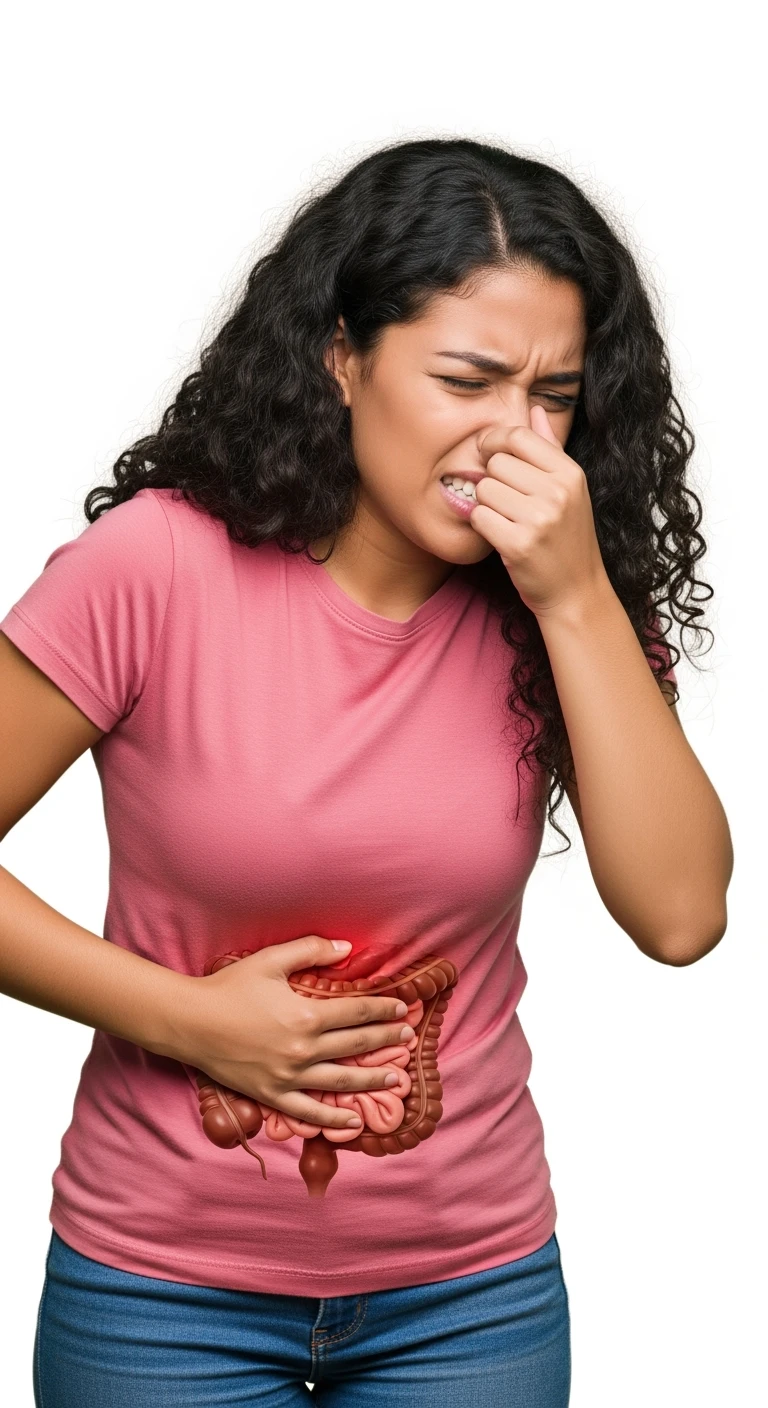 DONNA CHE SI TIENE LA PANCIA CON INTESTINO ANATOMICO UMANO VISIBILE, MAL DI PANCIA, CON L'ALTRA MANO SI TAPPA IL NASO PER LA PUZZA, ISOLATA SU SFONDO BIANCO emoji