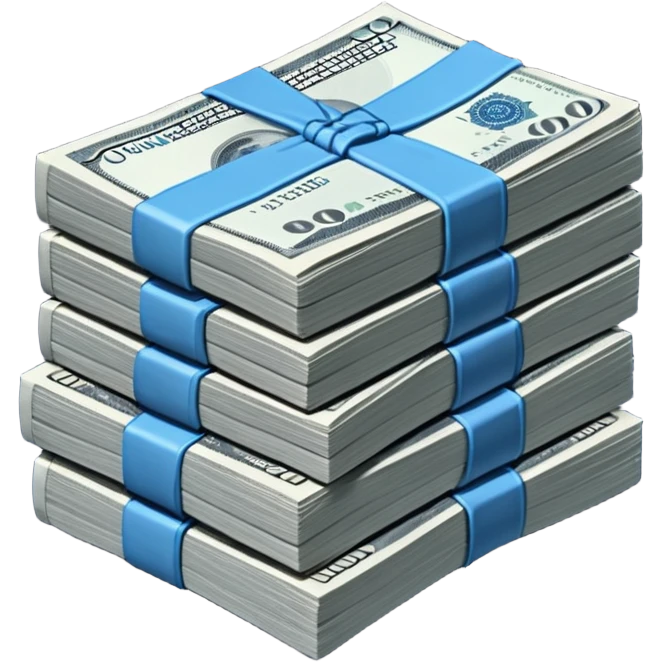 a massive bound stack of blue-and-white banknotes, koan bills , 90s futuristic, the band is dark gray emoji