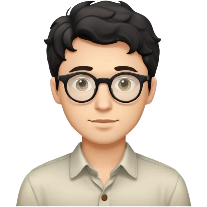 Upper body only of young caucasian man with black wavy hair, round glasses, wearing comfortable buttoned shirt emoji