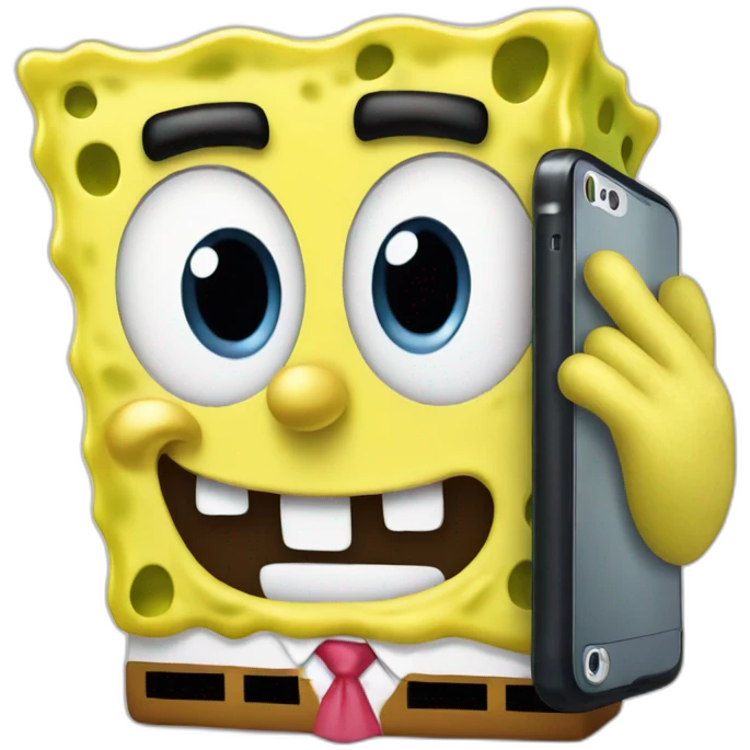 SpongeBob holding a smartphone with a shocked expression emoji