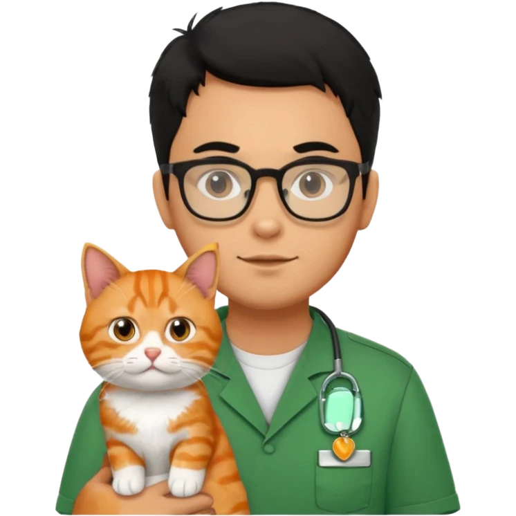Veterinario hombre trigueño con lentes, con cabello negro, y con uniforme veterinario color verde cargando un gato naranja emoji